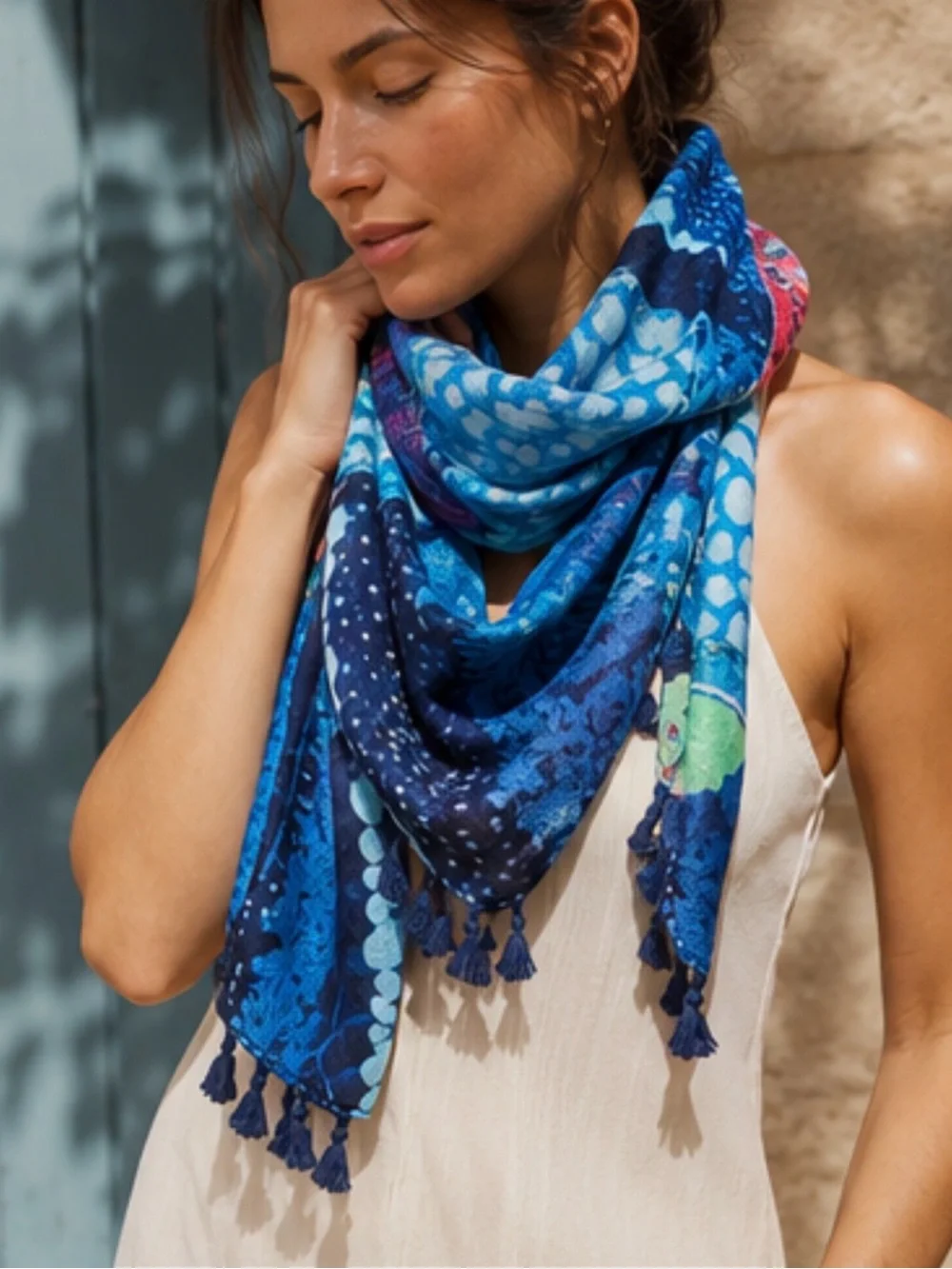 Desigual Blue Patchwork Tassel Scarf | Lightweight Colorful Wrap Shawl